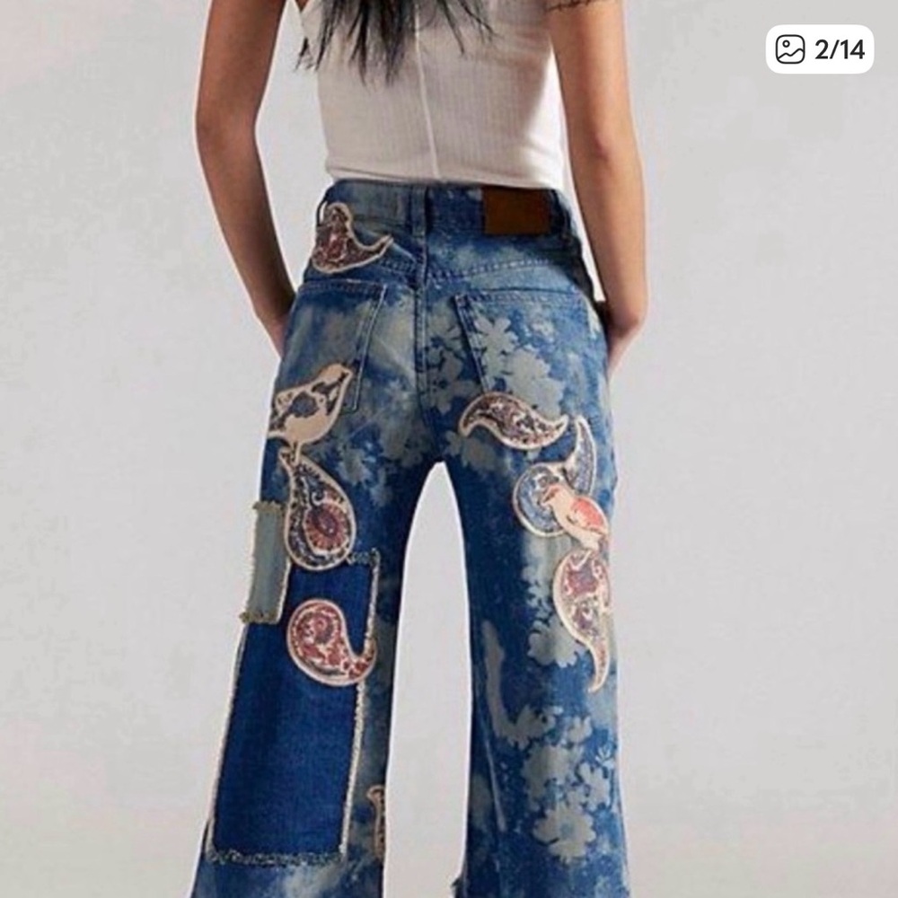 Paisley Print Wide-Leg Women’s Jeans - Blue - Picture 2 of 6